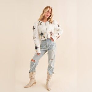 NWOT Blue B Quilted Multi Star Embroidered Padded Zip Up Jacket